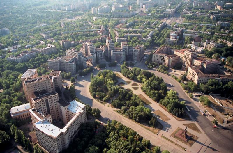 An aerial view of Freedom Square in 2003 showing half of the square.