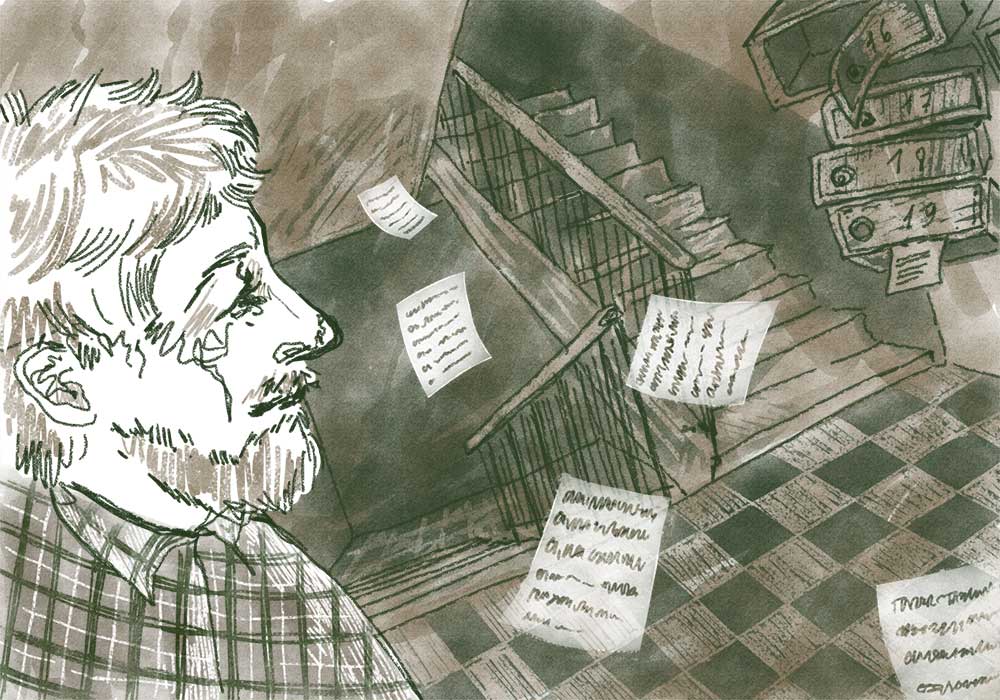 Illustration of man with papers flying.