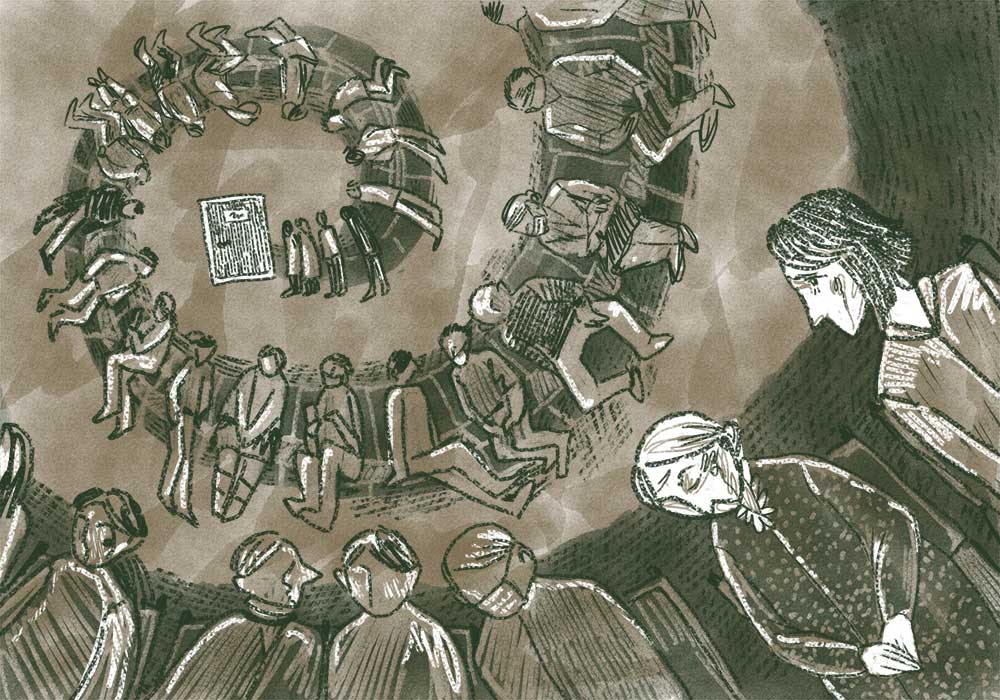 Illustration of a line in a polyclinic.