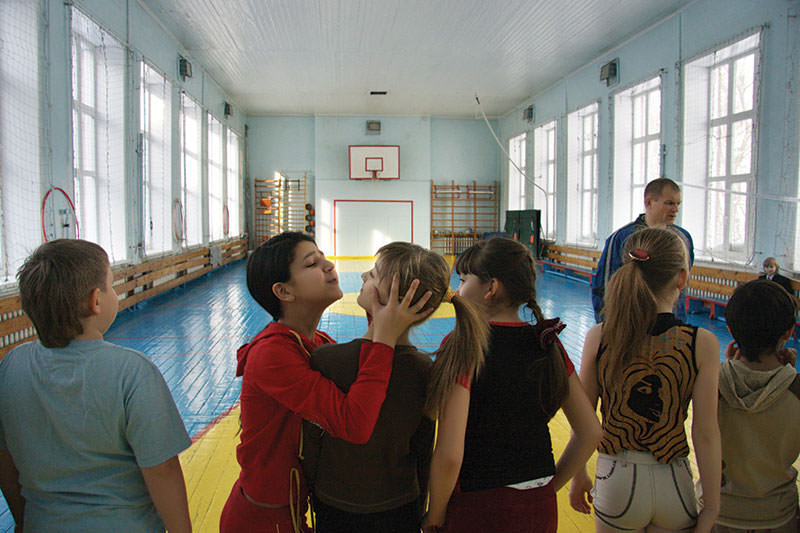 Kids in a school gym in Russia