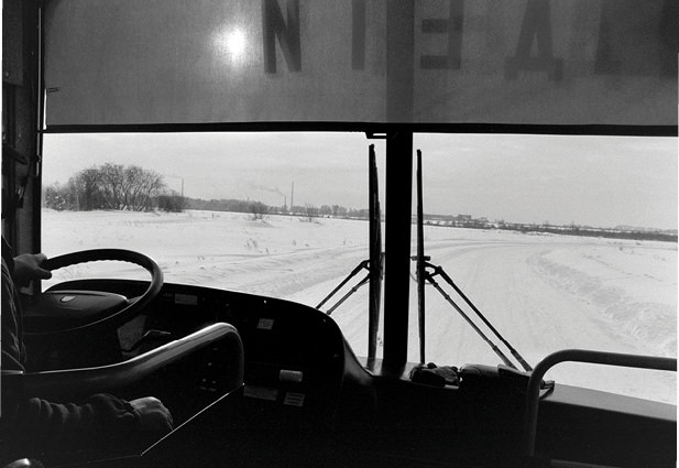 View out school bus window.