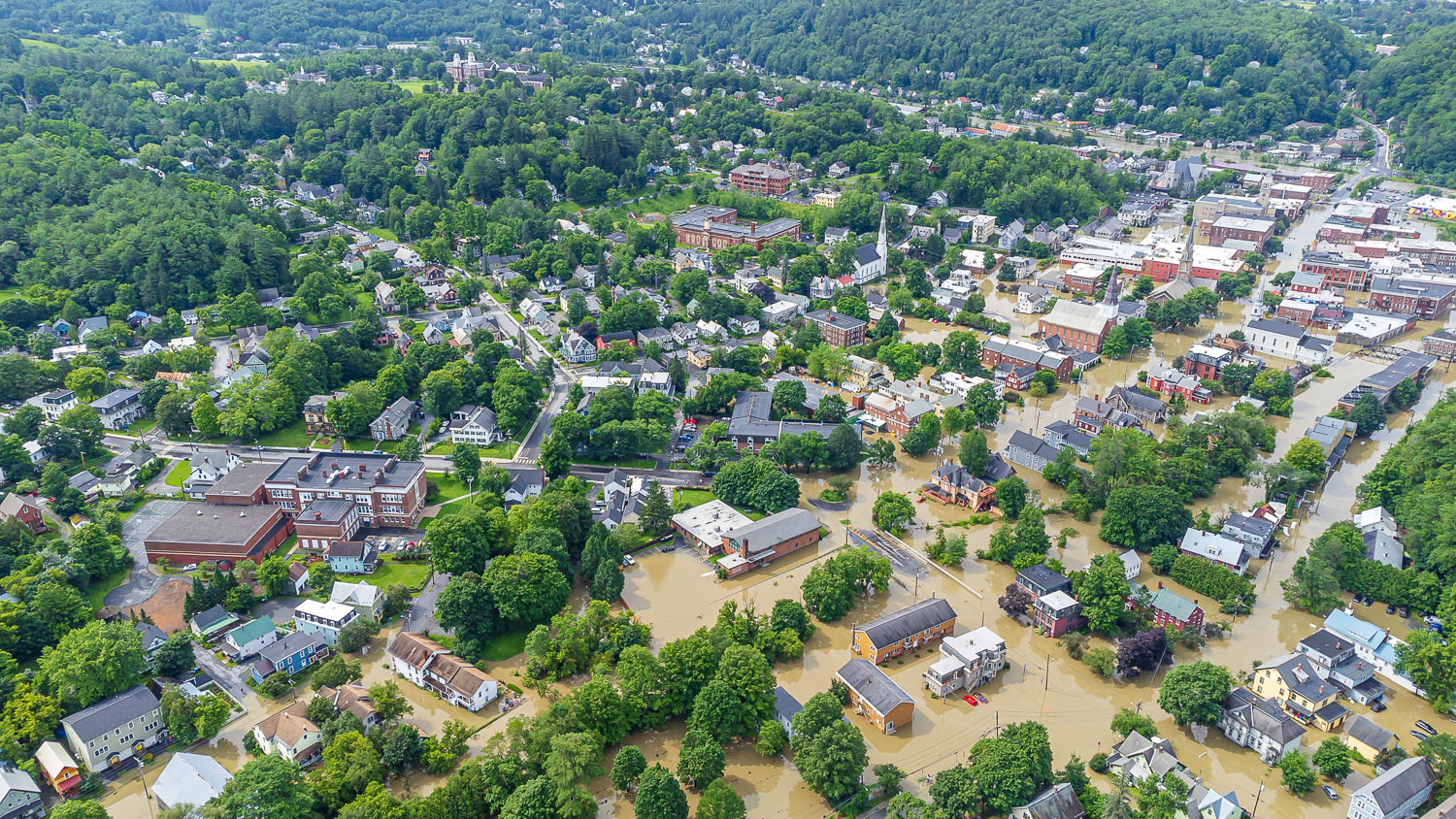 Aerial photo of Montpelier flooded on June 10