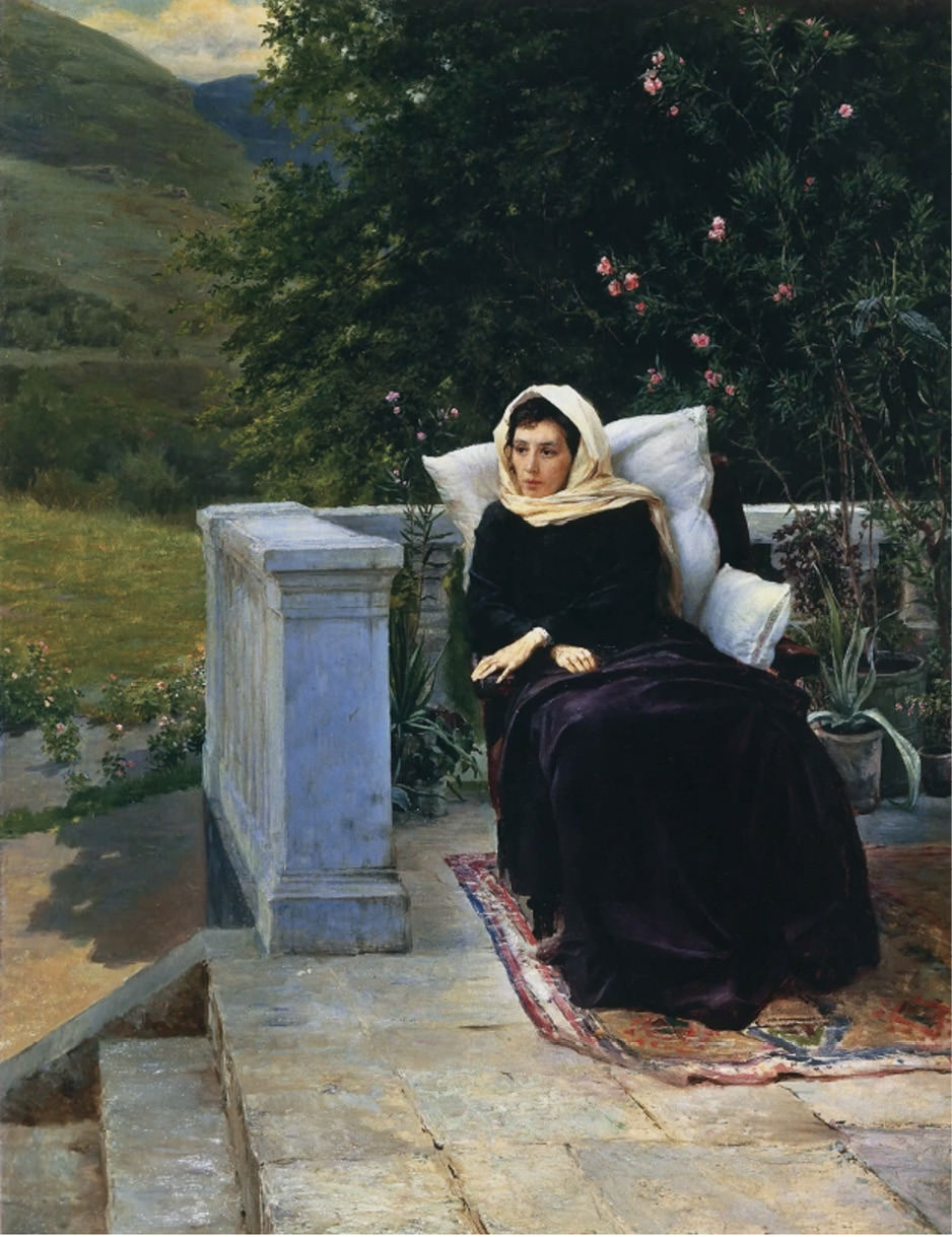 19th Century painting of woman sitting outside.