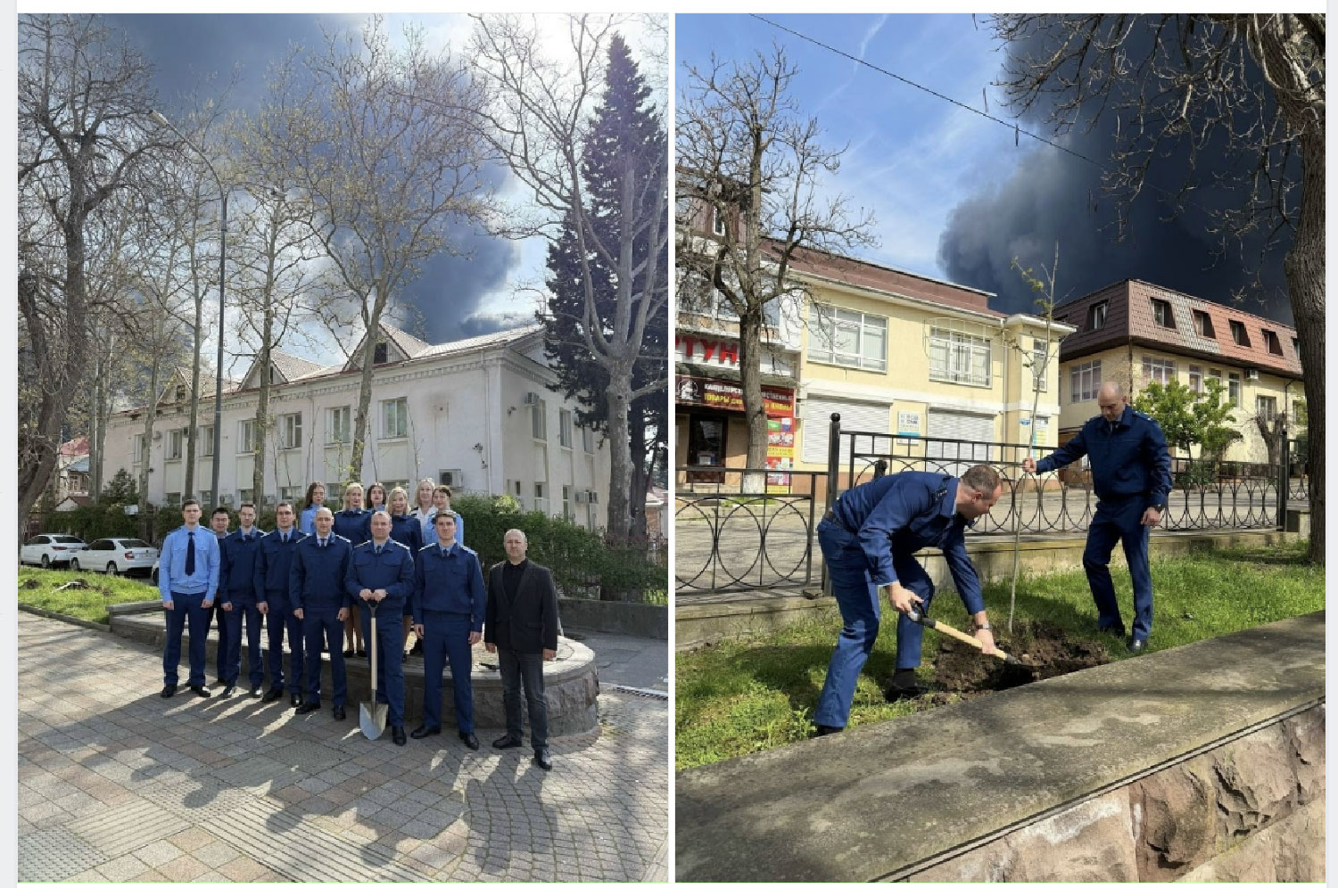 Officials planting trees amid oil fires.