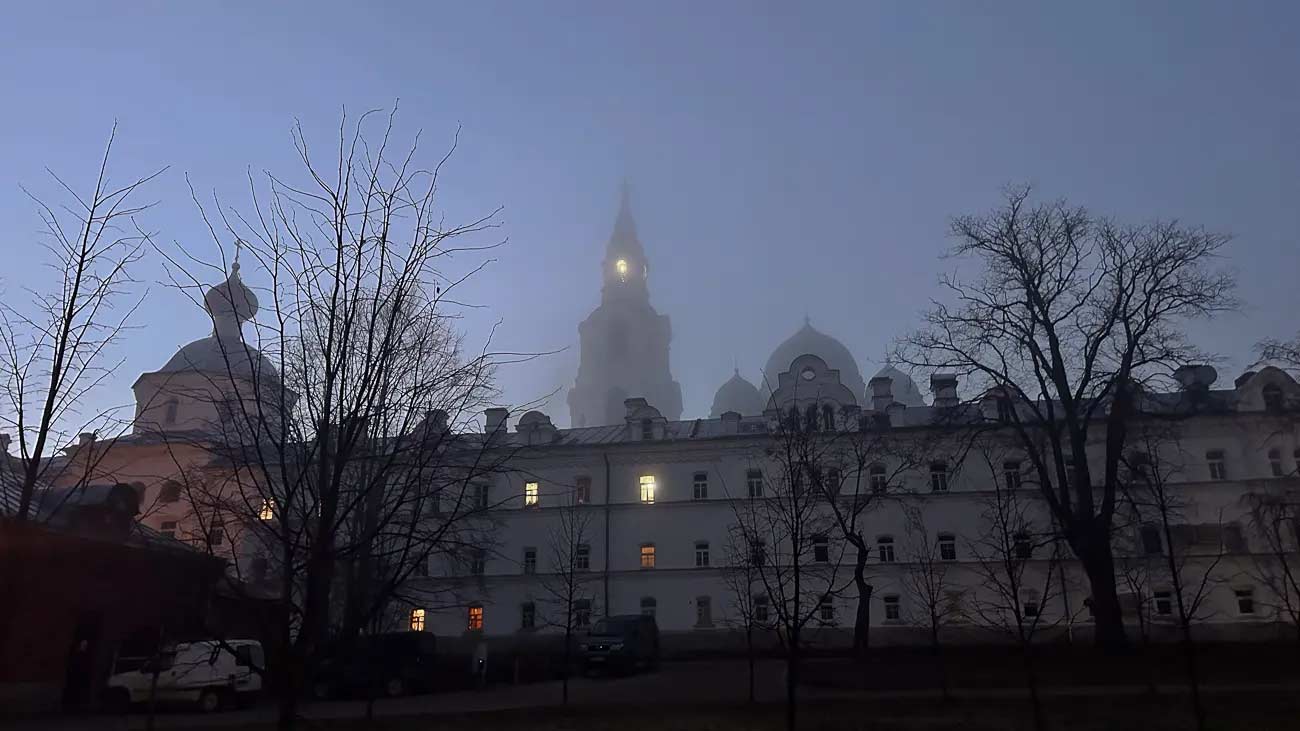 The monastery in fog.